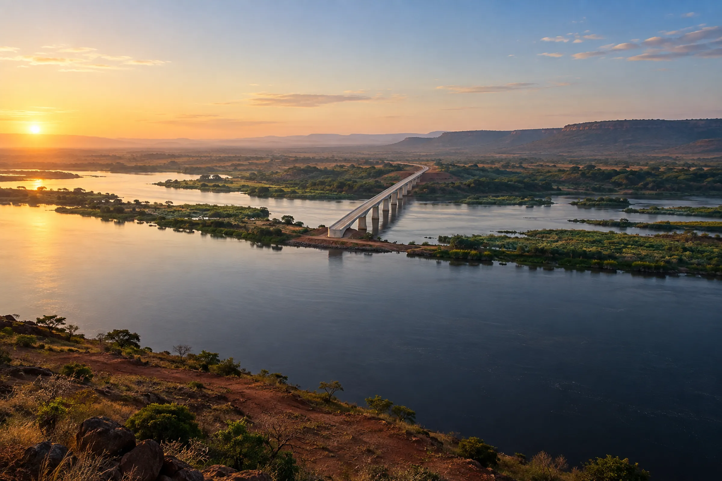AI-generated concept of a concrete bridge crossing an East African river at first light